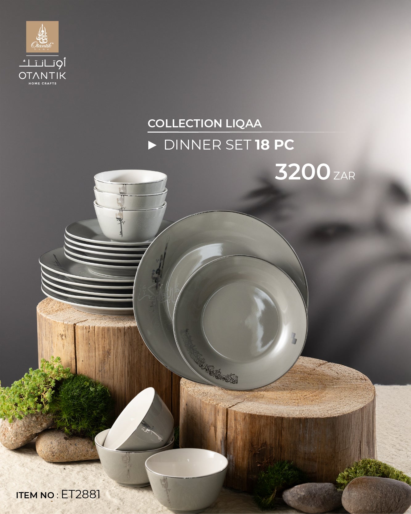 Dinner Set 18 Pcs From Liqaa - Grey + Silver