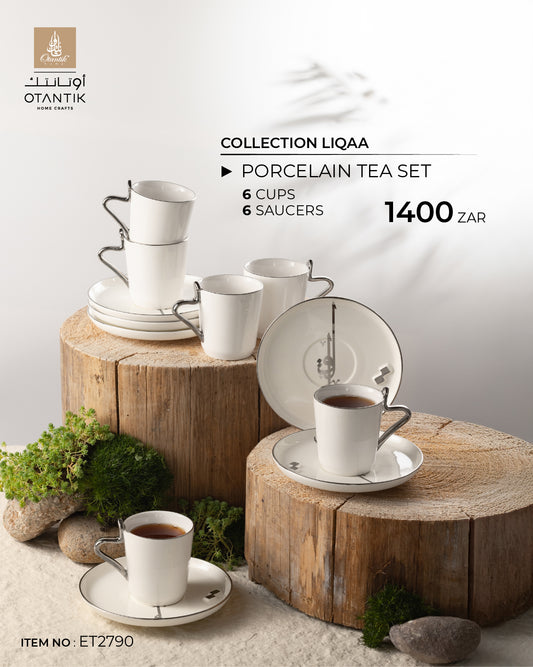 Porcelain Tea Set 12 Pcs From Liqaa - Pearl White + Silver
